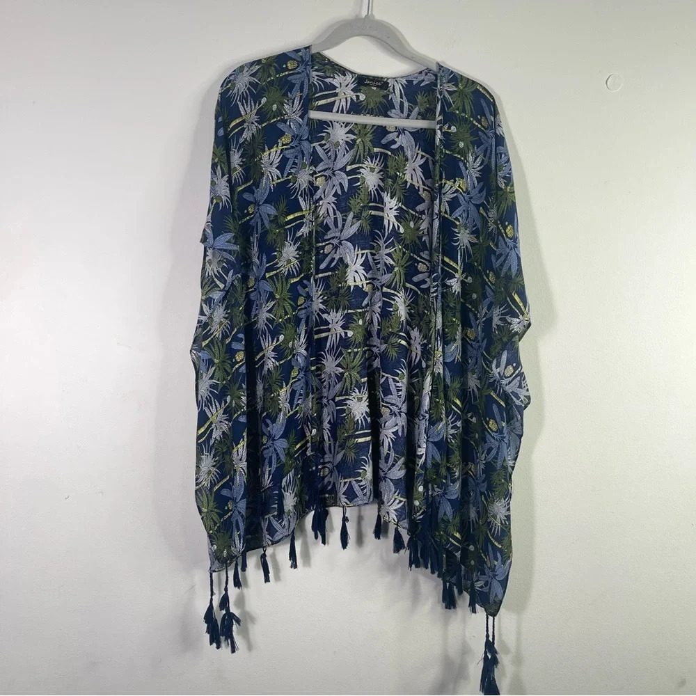 Janice Kimono‎ Wrap Cover Up Navy Blue Green Hawaiian Fringe Boho Beach